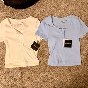 Harper & ivy Ribbed Button-Up Tops - Cream and Blue